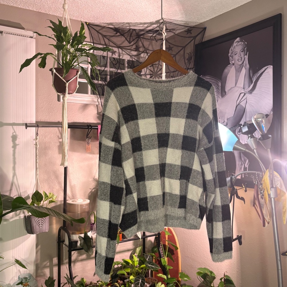 Bobeau Plaid Fuzzy Sweater‎ Womens XL Black White Buffalo Check Long Sleeve Cozy